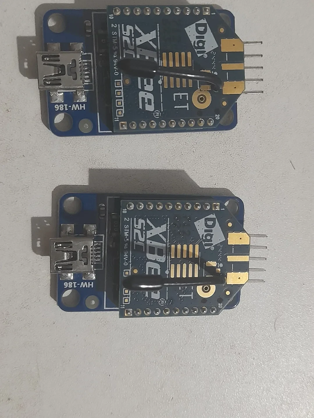 Two Digi XBee wireless modules on adapter boards