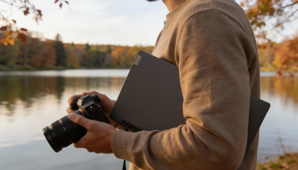 Mithila’s creative and technical practice: a camera and a laptop by a lake